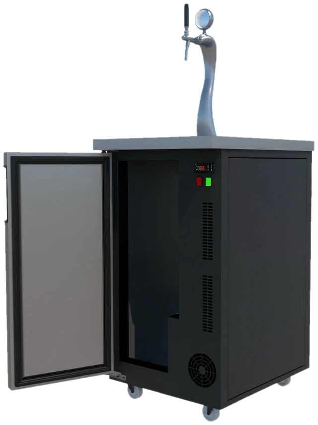 Thân tủ làm lạnh màu đen, mở cửa để chứa keg bia