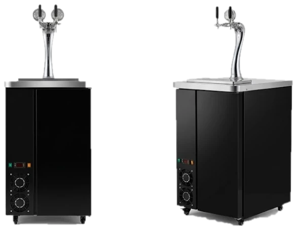 Tủ bia tươi 2 keg, cấu hình 2 vòi rót, nhìn trực diện và nhìn nghiêng
