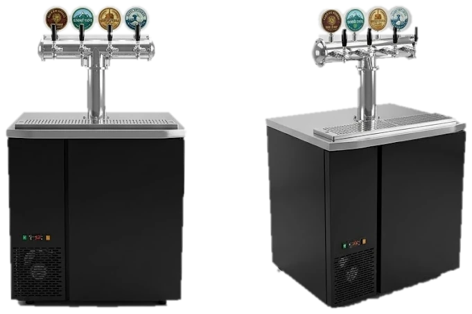 Tủ bia tươi 4 keg màu đen, ảnh minh họa cấu hình 4 vòi rót, nhìn trực diện và nhìn nghiêng